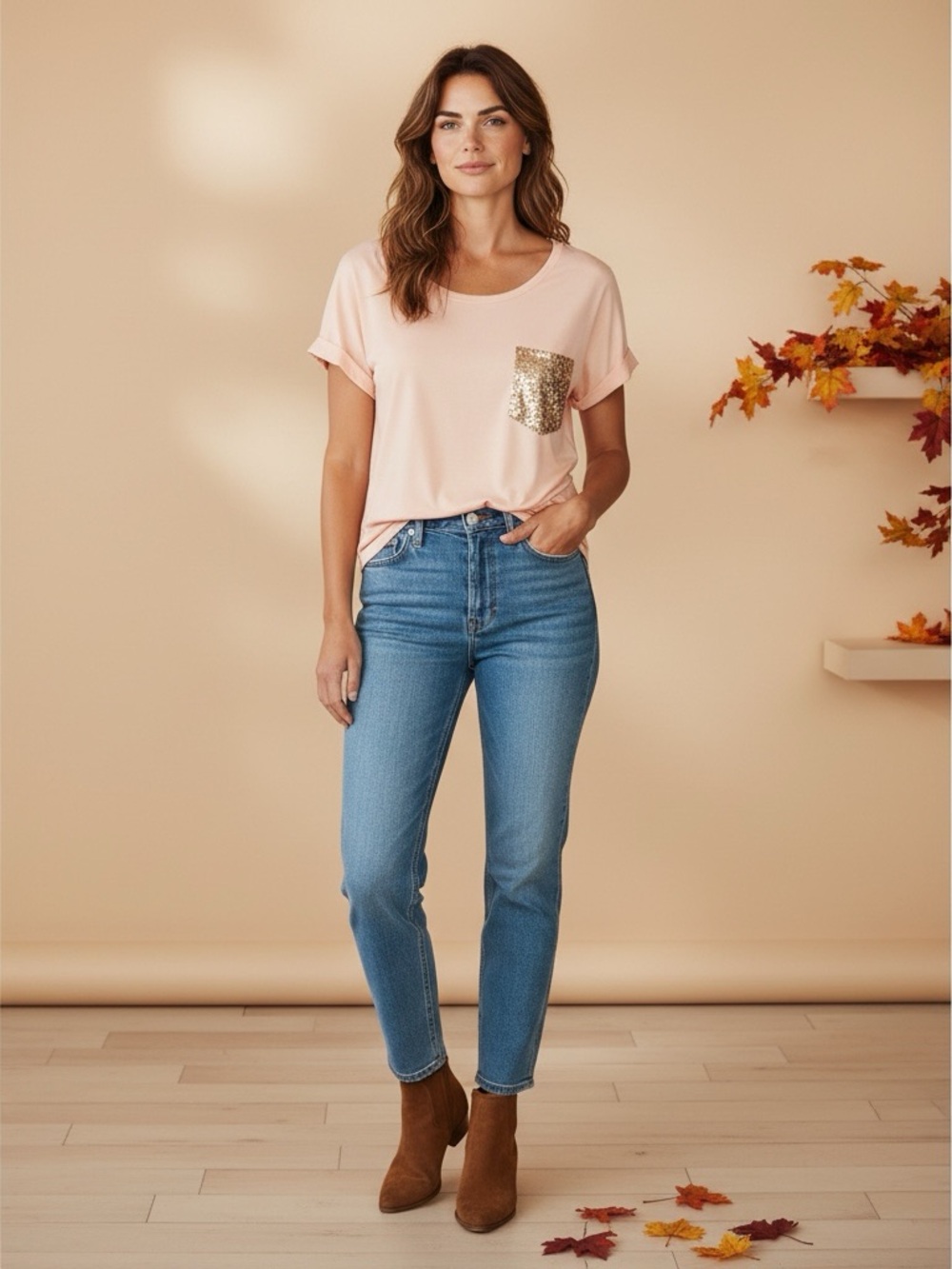 Boho Chic Pastel Pink Rolled Cuff T-Shirt Gold Sequins Pocket. PTP 24” - Picture 4 of 5